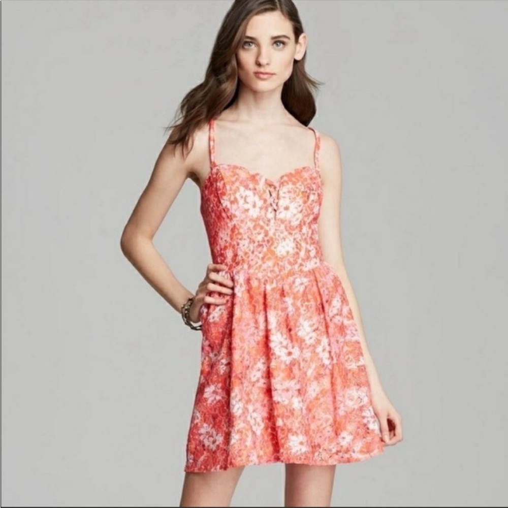 Guess Coral Floral Corset Lace Up Sweetheart Mini Dress Size 6 Romantic NWOT